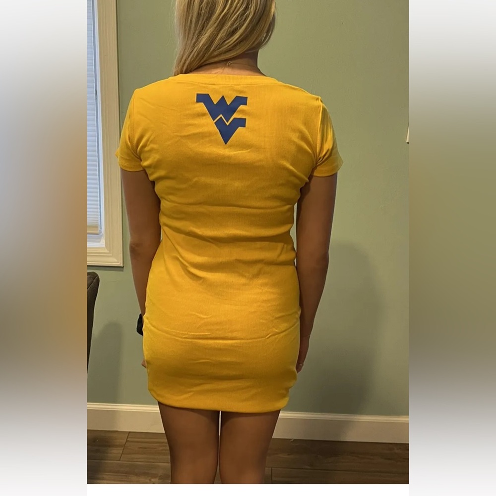 Sexy WV West Virginia body con mini dress large gold blue ribbed new nwt